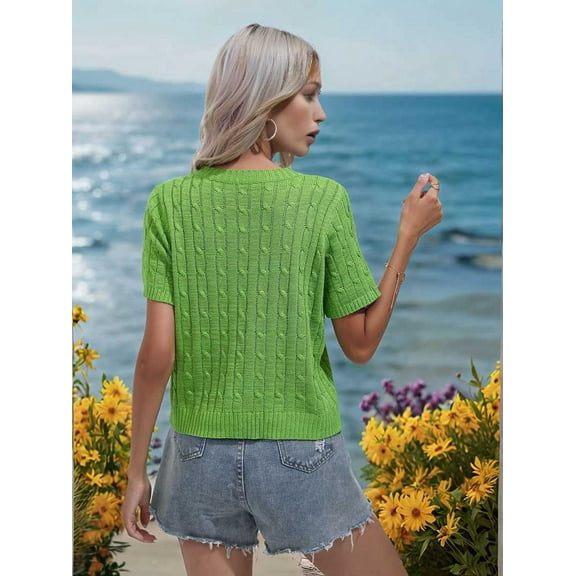Womens Short Sleeve Cable Knit Sweater Tops Crewneck Spring Summer Shirts Business Dressy Casual Outfits Green XL