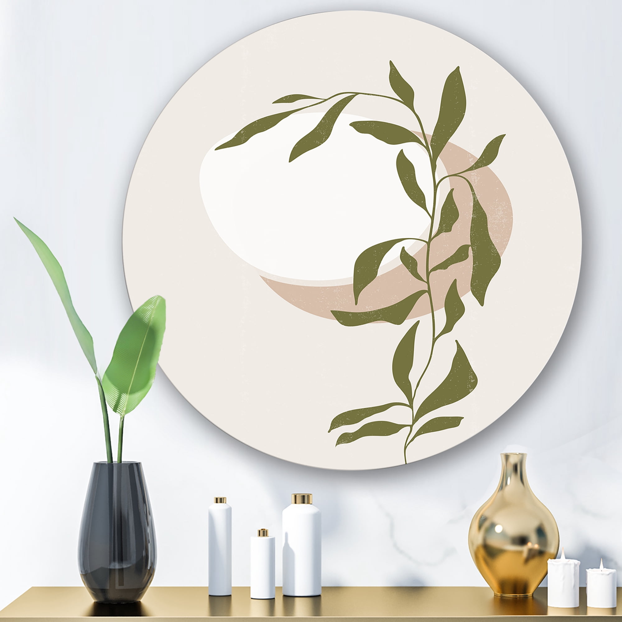 Designart 'Abstract Moon and Sun With Green Leaf III' Modern Circle Metal Wall Art 11x11 - Disc of 11