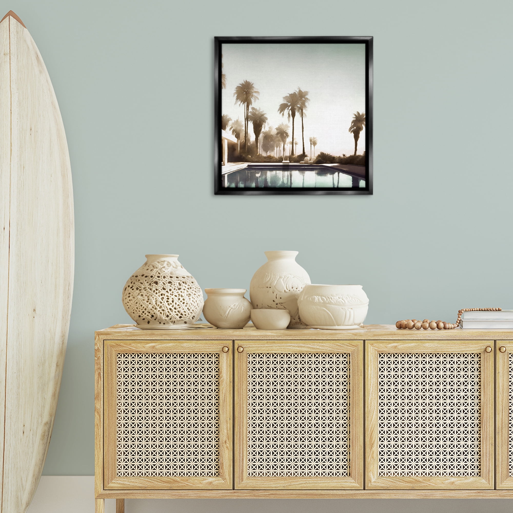 Stupell Industries Dreamy Pool & Palm Trees Abstract Painting Black Floater Framed Canvas Art Print Wall Art, 25 x 25