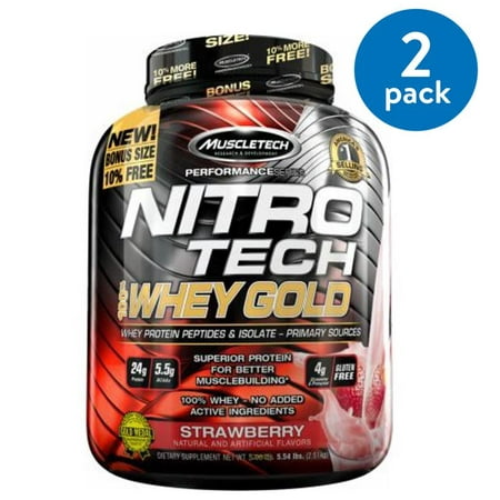 Nitro Tech Ingredients - (2 Pack) Muscletech Nitro Tech Whey Gold Protein Powder, Strawberry, 24g Protein, 6 Lb