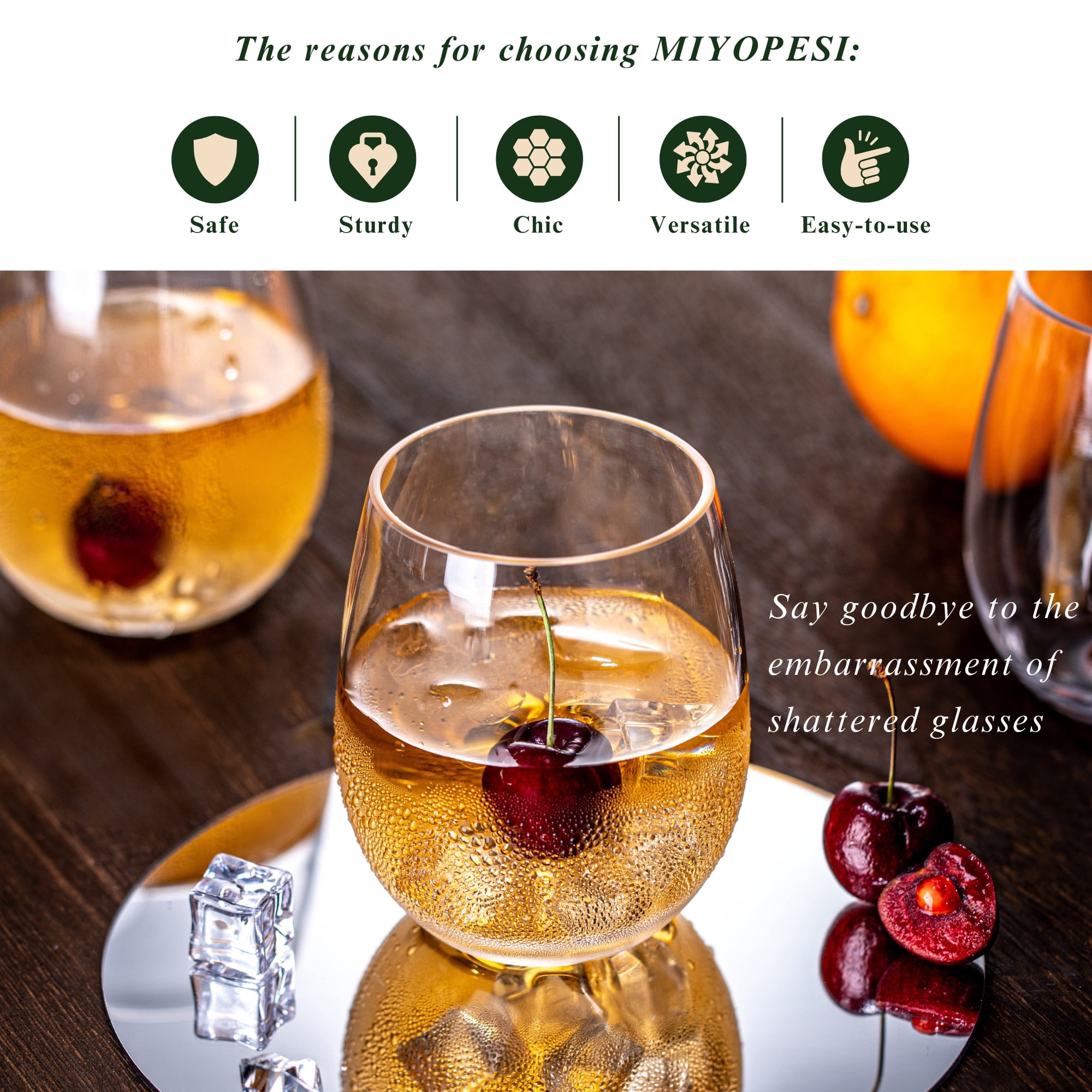 MIYOPESI 18oz Clear Stemless Wines Glasses (Set of 6), Shatter-Proof Bar Glasses, BPA-Free, Dishwasher-Safe