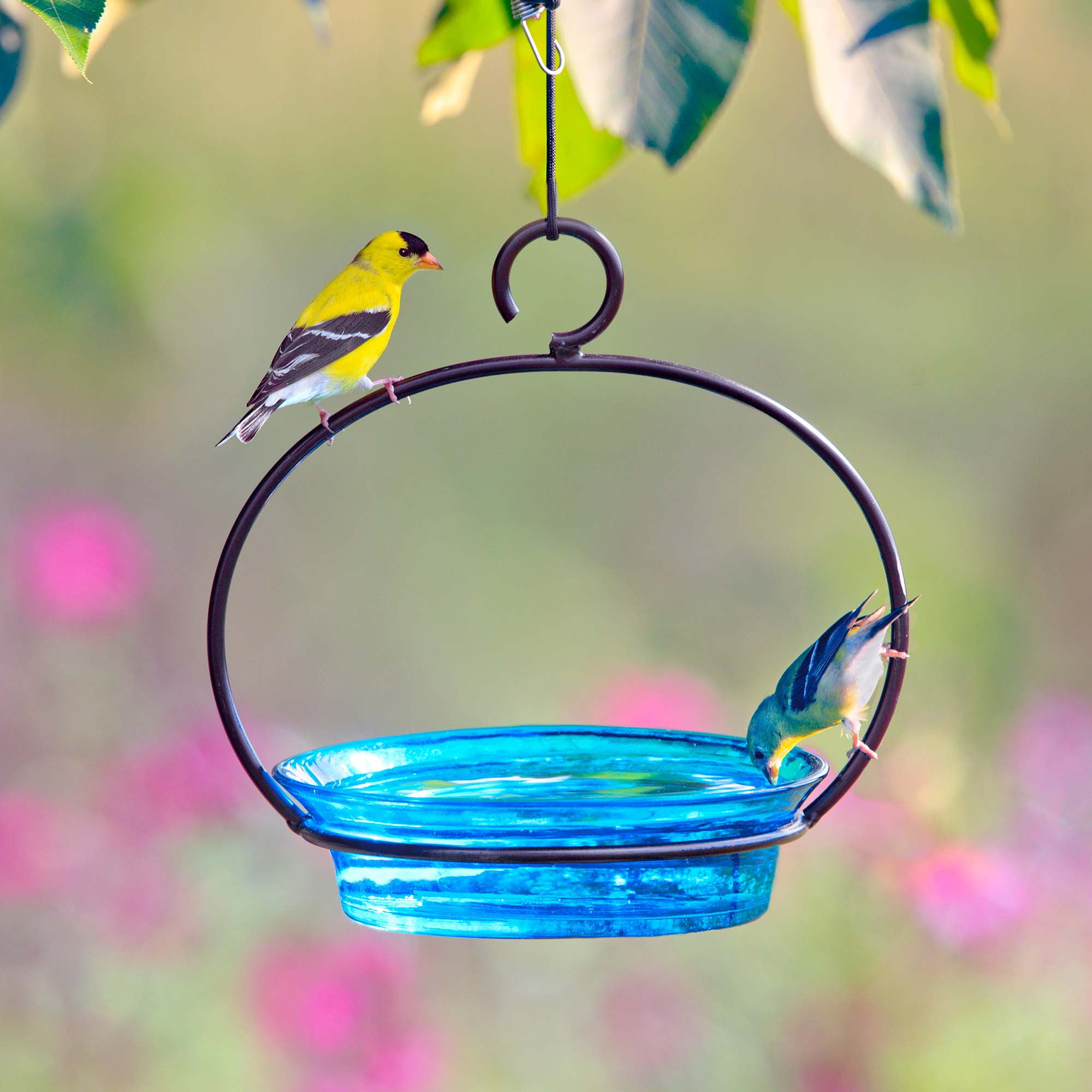 Mosaic Birds Recycled Glass & Metal Cuban Hanging Bird Bath Bowl - Bird Feeders for Outdoors - Lawn Décor - Aqua Blue
