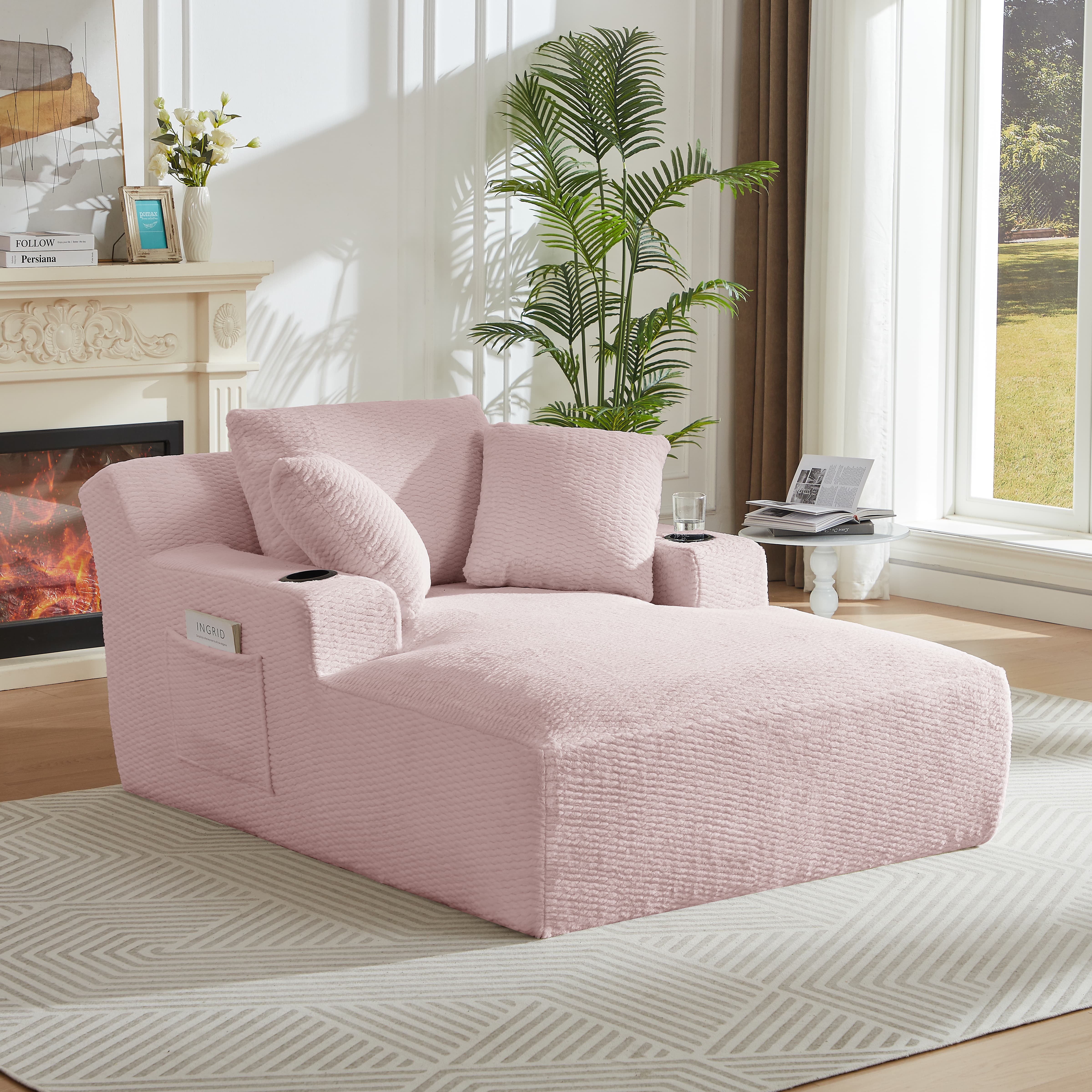 Aukfa Oversized Chaise Lounge Chair Indoor with Cup Holder & Side Pocket, Faux Fur Sleeper Chair for Living Room, Bedroom,Pink