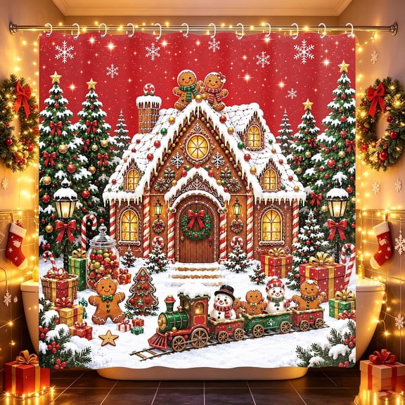 Christmas Gingerbread House Shower Curtain Red Snowman and Christmas Tree Fabric Bathroom Decor with Hooks 71x71 Inches