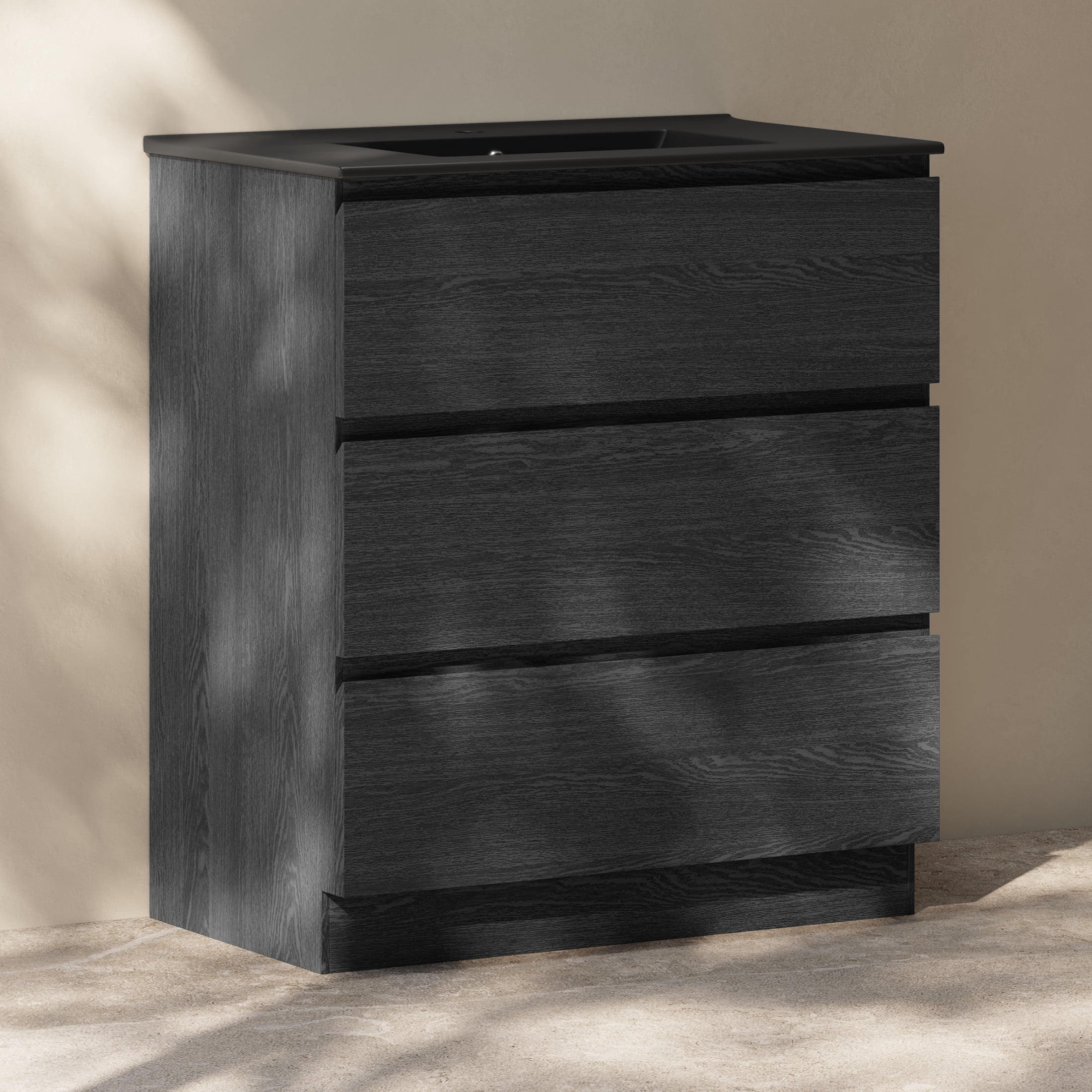 Liberte 30" Freestanding Bathroom Vanity in Black Oak with Black Sink Top