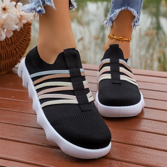 Domuza Women's Colorful Stripe Knit Slip-On Sneakers, Lightweight Breathable Comfort Walking Shoes, Casual Non-Slip Footwear for All-Day Wear Black 6.5（EU-37）