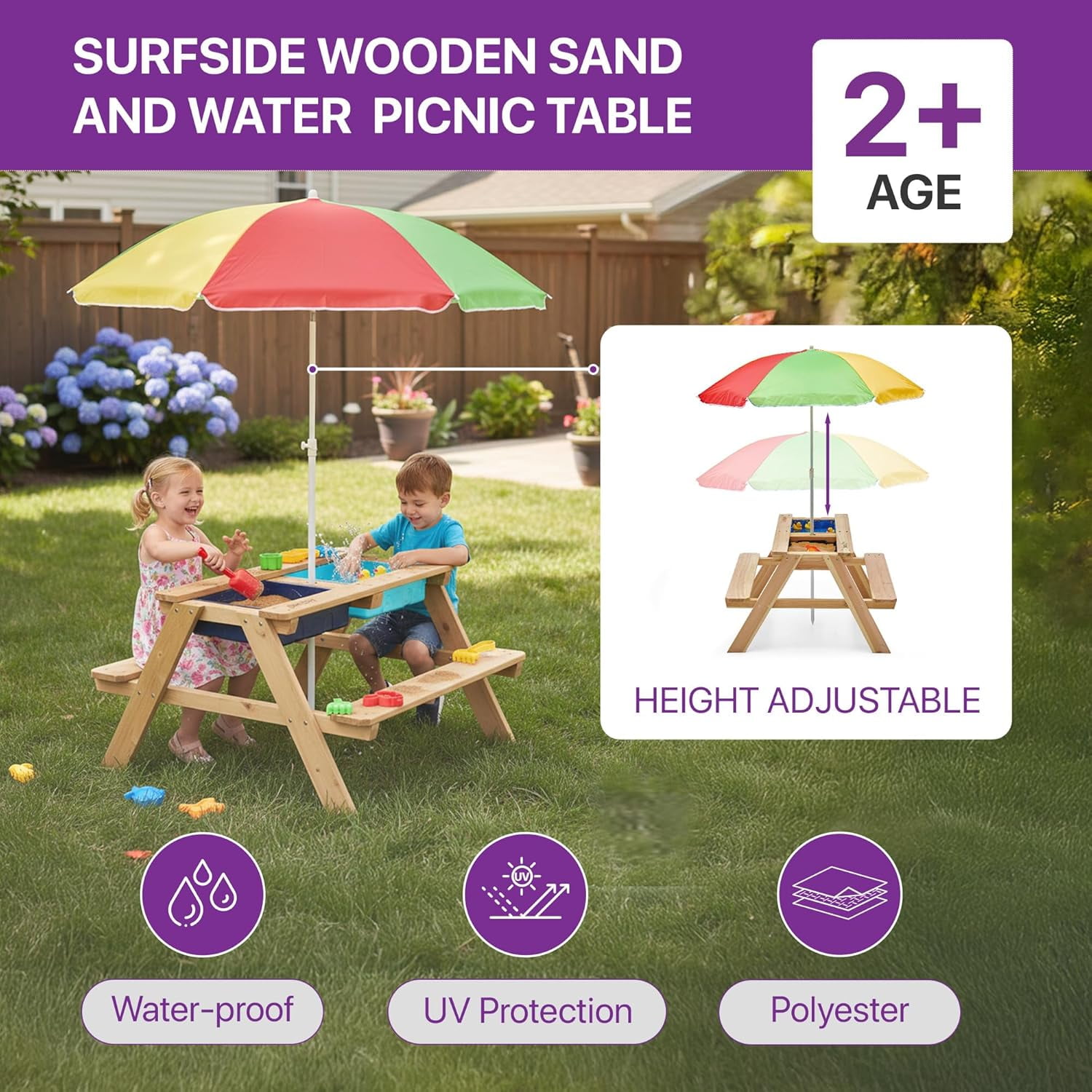 Plum® Surfside Wooden Sand and Water Table with Umbrella - Outdoor Kids Picnic Table with Adjustable Parasol and Removable Tabletop, Toddler Sensory Toys, Sturdy, Weatherproof, Easy to Clean, Ages 2+