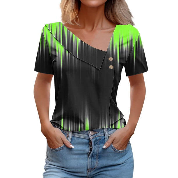 Camisetas de Manga Corta para las Mujeres Impresas Primavera Verano Botón de la Camiseta Casual, Camisetas de Mujer Casual