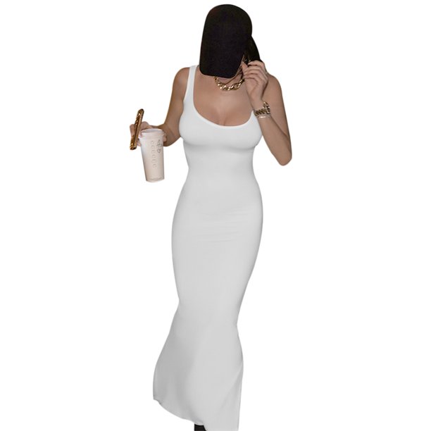 VISgogo Vestido sin mangas para mujer con abertura Color sólido Slim Fit Verano Casual Sin mangas Vestido de fiesta Streetwear VISgogo moda