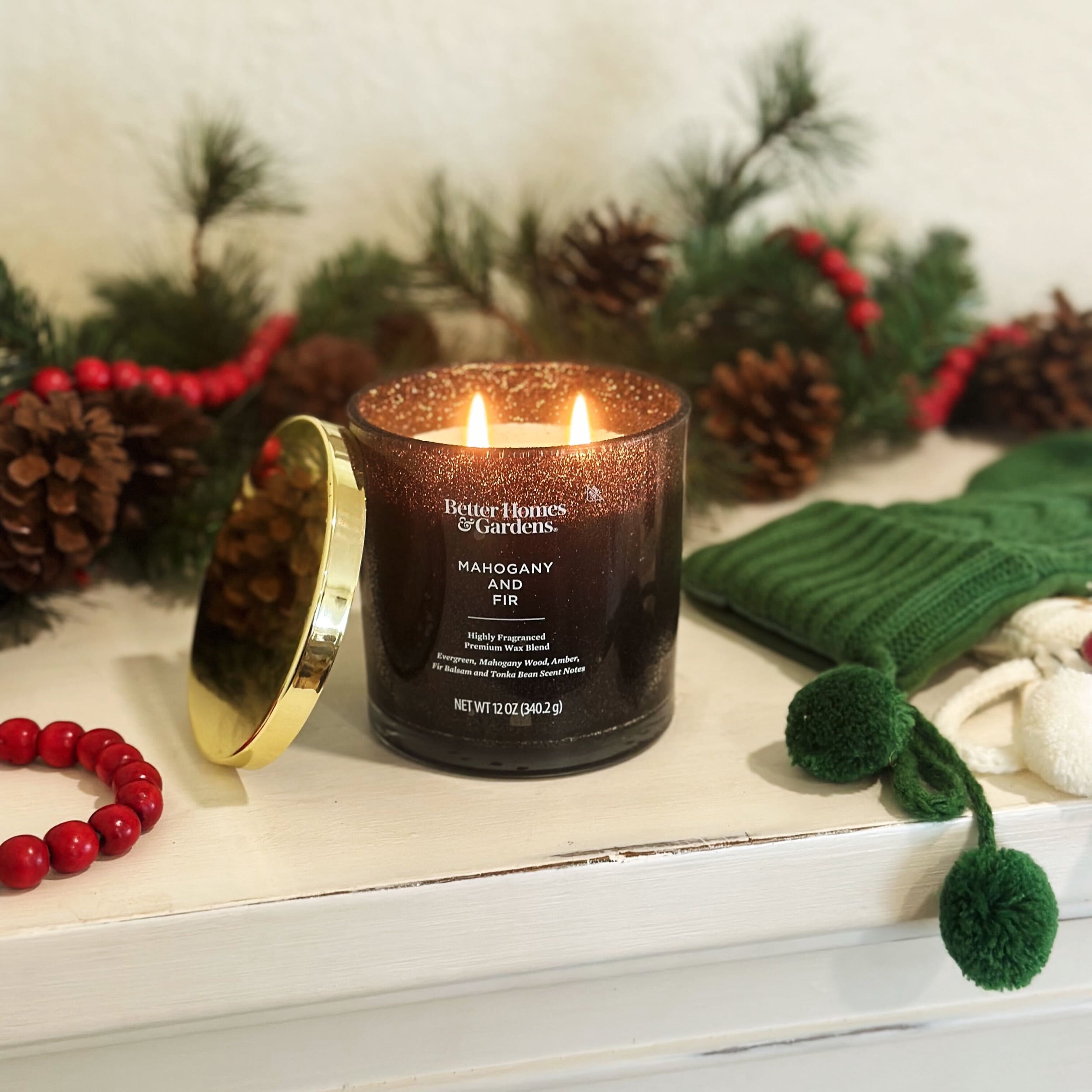 Better Homes & Gardens Mahogany and Fir Scented 2-Wick Glitter Jar Candle, 12 oz