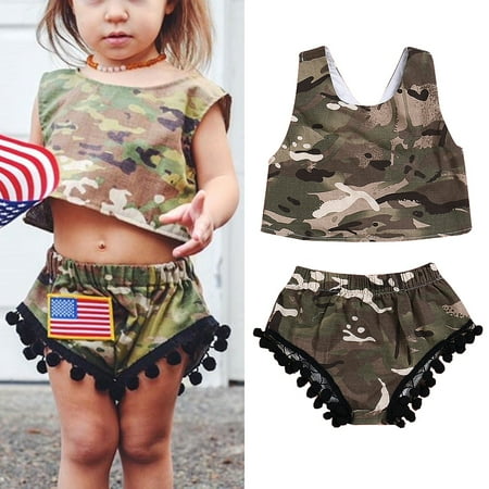 Toddler Girls Camouflage Shirt - 2Pcs Toddler Kids Baby Girl Camo Romper Tops Vest+Shorts Pants Outfits Sunsuit Summer