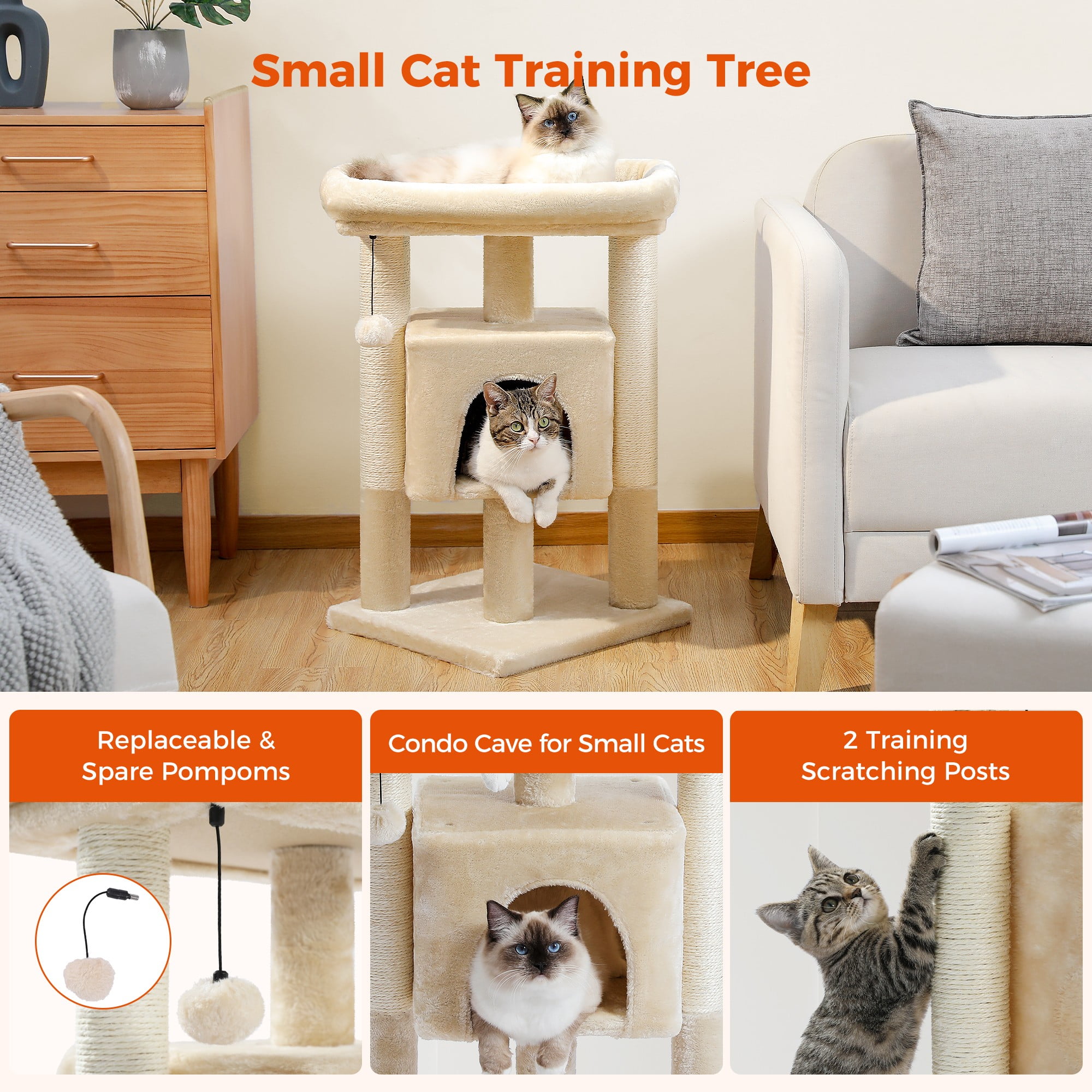 Kadyn 28" Multi-Level Cat Tree Tower Cat Condo with Scratching Posts, Jump Platform Top Perch and Dangling Ball, Beige