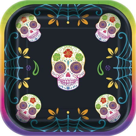 Sugar Skull Day of the Dead Halloween Party Paper Dessert Plates, 7in, 10ct