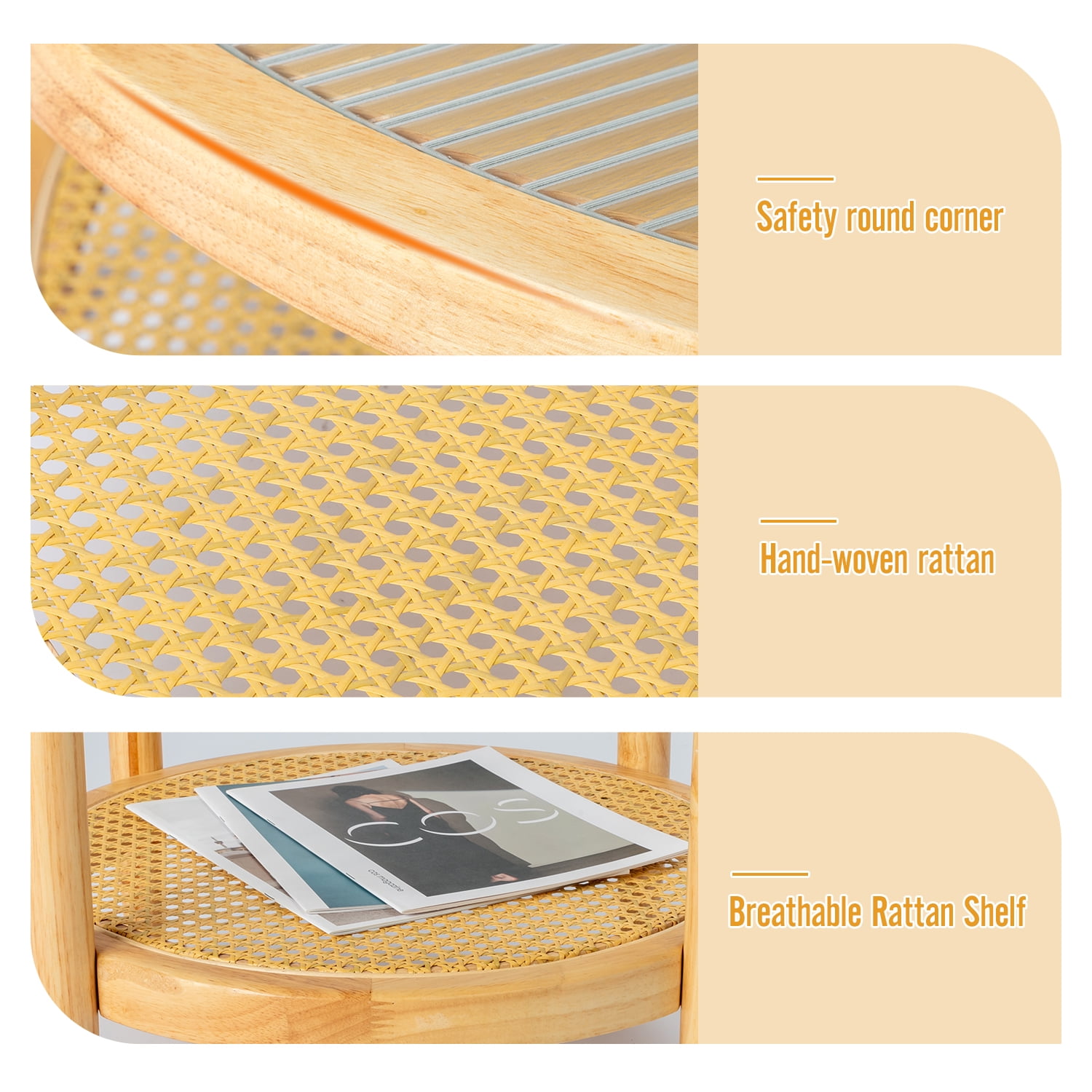 19.7in Rattan Coffee Table with Glass Top, Small Round End Table, Boho Style Side Table Sofa End Table for Living Room Balcony Patio, Natural