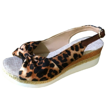 

QYZEU Women s Sandals Comfortable Open Toe Wedge Sandals Leopard Pattern Bow Decor Sandals Vacation Flat Sandals Causal Breathable Lightweight Sandals Brown 42