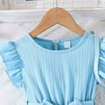 thumbnail image 4 of FAOWME Girls Summer Striped Flutter Sleeve Dress With Ruffled Hem & Adjustable Waist Belt Casual Round Neck Beachwear Sky Blue 5-6 Years, 4 of 7