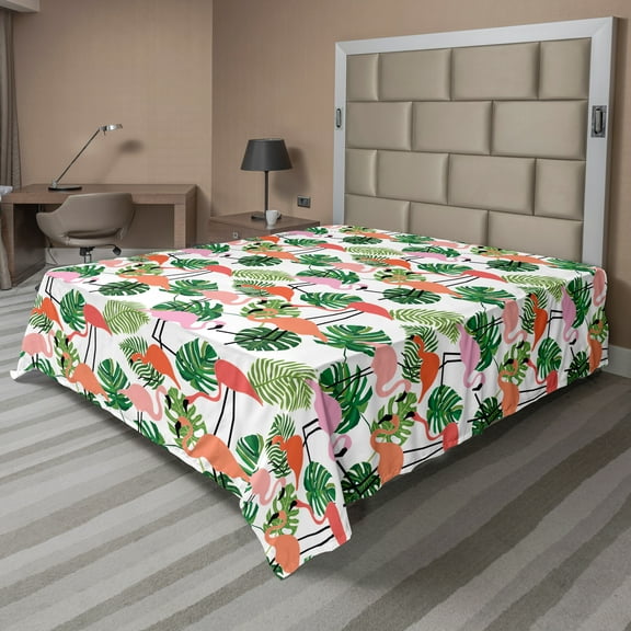 Ambesonne Tropical Flat Sheet, Hipster Flamingo Monstera, Full Size, Salmon Pink