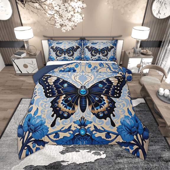 Manfei Chic Butterfly Bedding Sets Toddler with Comforter, Bohemian Damask Mandala Duvet Insert, Botanical Floral Flower Comforter Sets Toddler Size, Super Cozy Bedroom Decorative, 2pcs Reversible