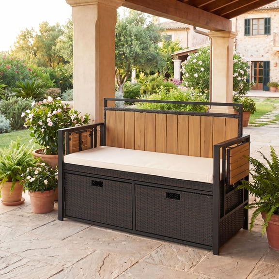 Outdoor Storage Bench with 2 Side Tables, 2-Seater Bench Seat, Pe Rattan, Acacia Wood, Metal Frame