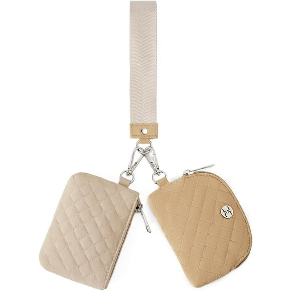 shiyou-Mini Zip Around Wristlet Wallets for Women Coin Purse Wristlet Keychain Dual Pouch Wallet Light Brown