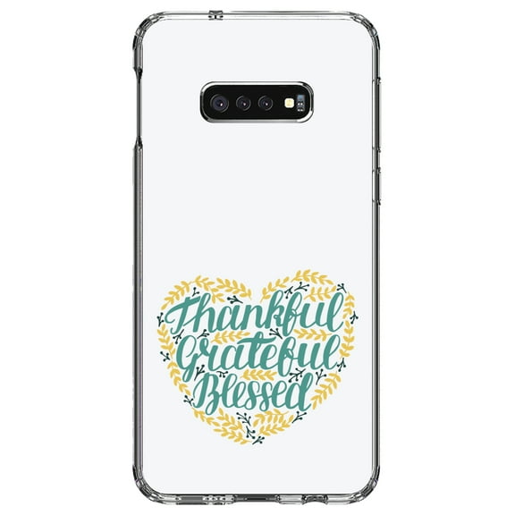 DistinctInk Clear Shockproof Hybrid Case for Samsung Galaxy S10e (5.8" Screen) - TPU Bumper, Acrylic Back, Tempered Glass Screen Protector - Thankful / Grateful / Blessed - Heart Flowers
