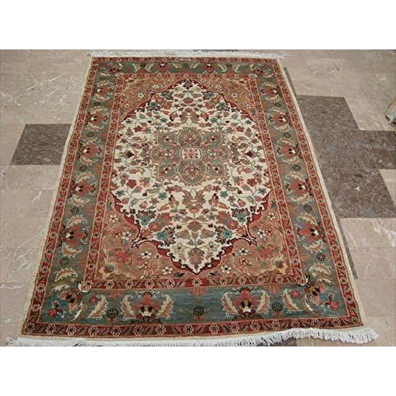 Ahmedani Linen Ivory Medallion Flowers Exclusive Hand Knotted Any Room Home Decor Area Rug Wool Silk Indoor Carpet (6 x 4)' -Multicolor Rug