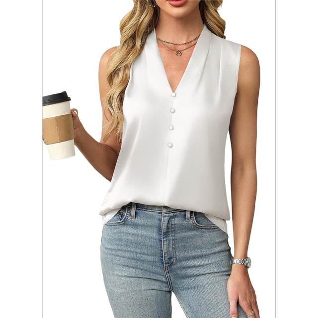Camiseta Sin Mangas de Verano para Mujer, de Satén de Seda, con Cuello en V, Informal, de Negocios, Color , Talla XXL