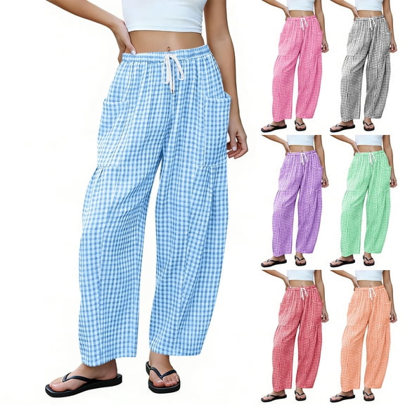 Womens Summer Striped Gingham Palazzo Pants High Waisted Wide Leg Lounge Trousers with Pockets 2026, S
