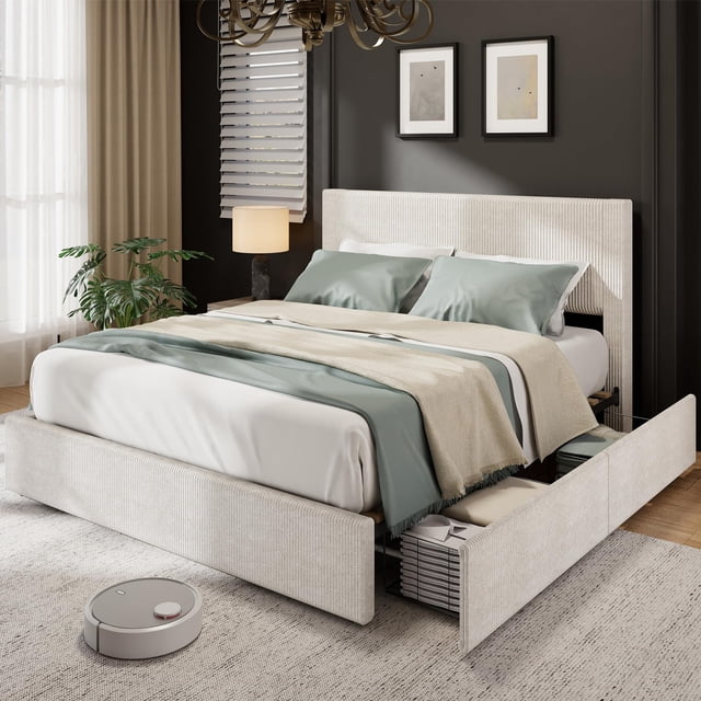 Upholstered Bed Frame with 4 Drawers, Platform Storage Bedframe, Corduroy Channel Tufted Headboard, Wooden Slats Support, No Box Spring Needed