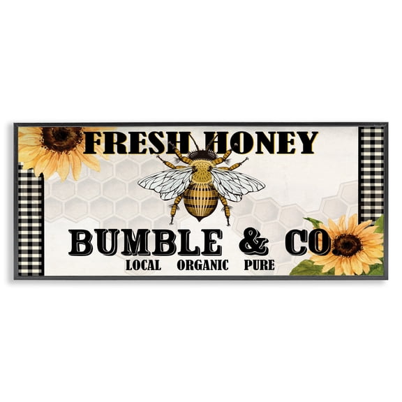 Stupell Industries Farmhouse Fresh Honey Bumble & Co. Advertisement Sunflowers Bee Black Framed Giclee Art, 24 x 10, by Kim Allen