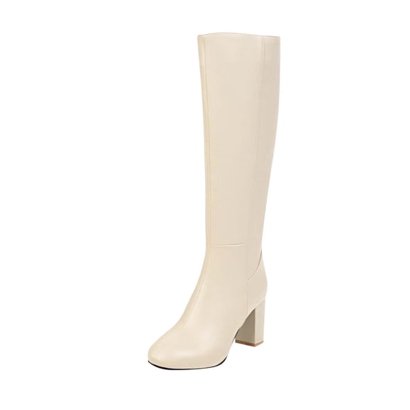 Beige Side Zipper High Heel Tall Boots For Women With Chunky Heel Comfortable And Stylish Perfect For Cool Weather And Evening Outings