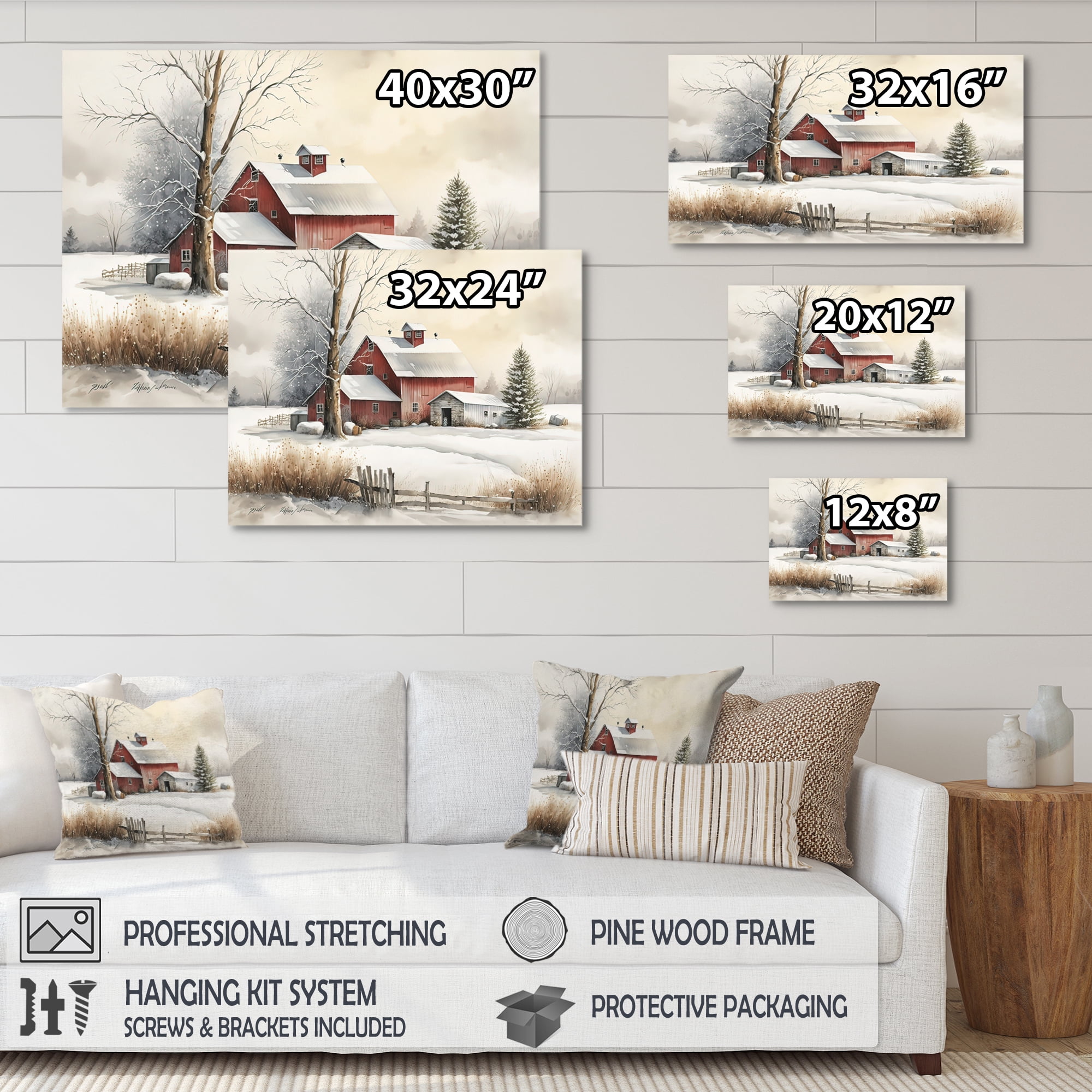 Designart Calm Red Barn In Winter IV Canvas Wall Art
