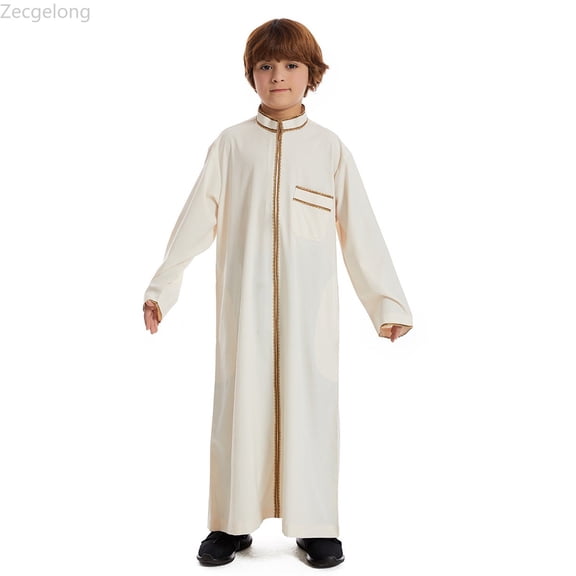 Zecgelong Arabic Thobe Thobe Long Sleeve Kaftan Crew Robe National Teenage Boys Long Sleeve Embroidered Robe Set Arab Children's Wear Robe