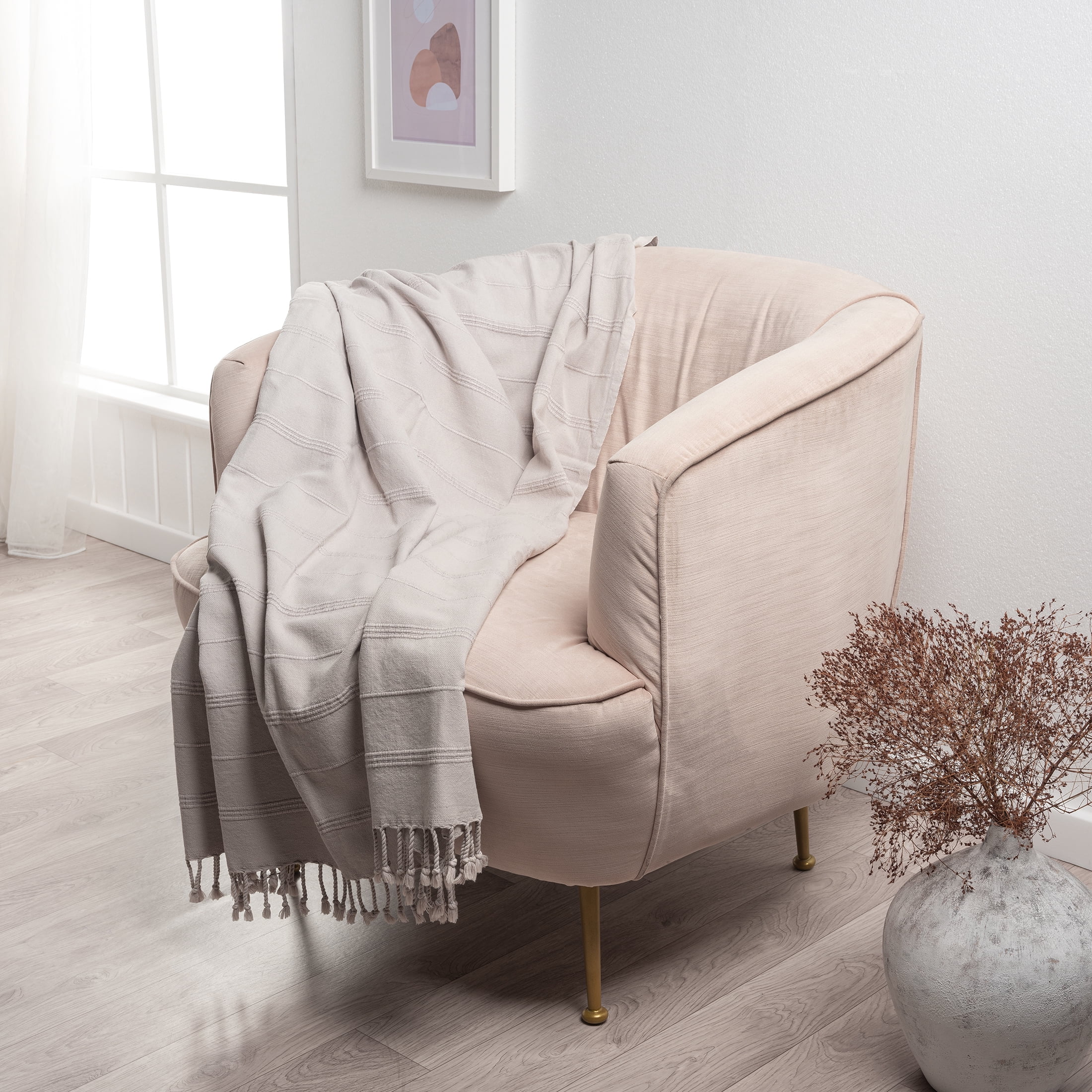 Ox Bay Sarra Beige Striped Fringed Ultra-Soft Turkish Cotton Reversible Throw Blanket, 50" x 60"