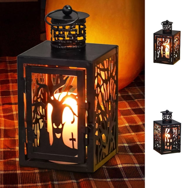 Xihbxyly Candelabro de Halloween con Forma de Farol, Diseño de Hierro Hueco, Ambiente Festivo Misterioso, Decoración para Interiores y Exteriores, Ambiente Cálido a La Luz de Las Velas, Fácil de Colg