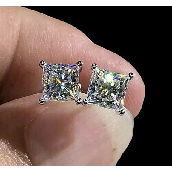 Lovely 2Ct Princess Lab Created Diamond Stud Earrings 14K White Gold Plated Push Back