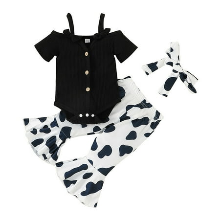 

Toddler Girls Outfit Girls Short Sleeve Ribbed Bowknot Romper Bodysuit Leopard Prints Bell Bottoms Pants Headbands Outfits