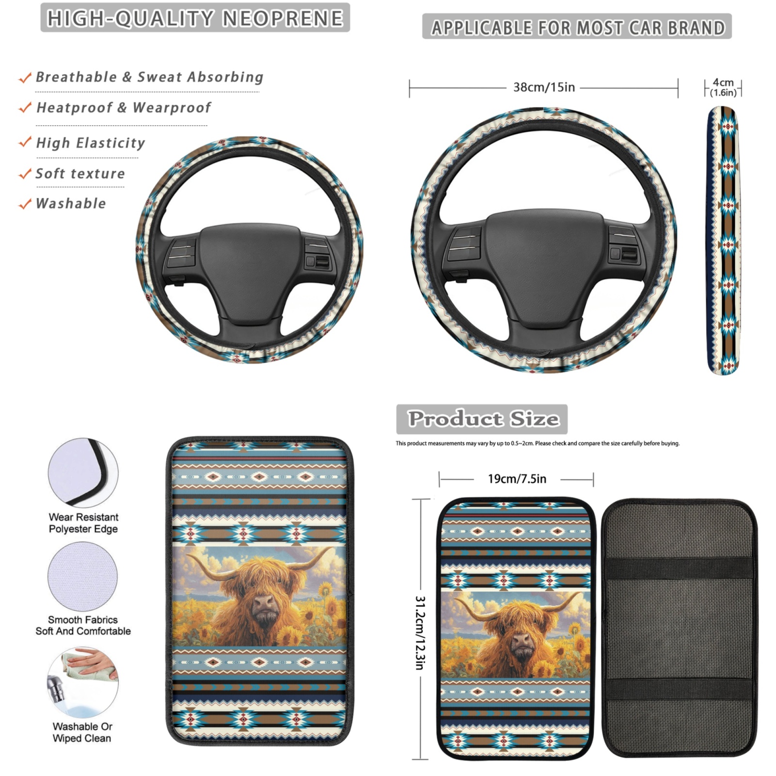 Yuyamidu Highland Cow Car Seat Cover of 13 Western Aztec Steering Wheel Cover Seatbelt Pads Auto Armrest Cover Keychain Coasters Car Accessories, Universal Fit