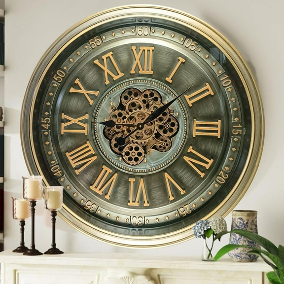 THE GEARS CLOCK Wall Clock with Real Moving Gears IR-LI_ 32 in Round BRASS-ANTIQUE