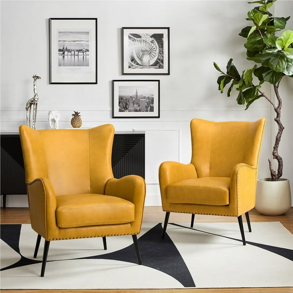 Faux Leather Armchair with Removable Cushion Contemporary Wingback Accent Chair Set of 2 for Living Room Bedroom Yellow
