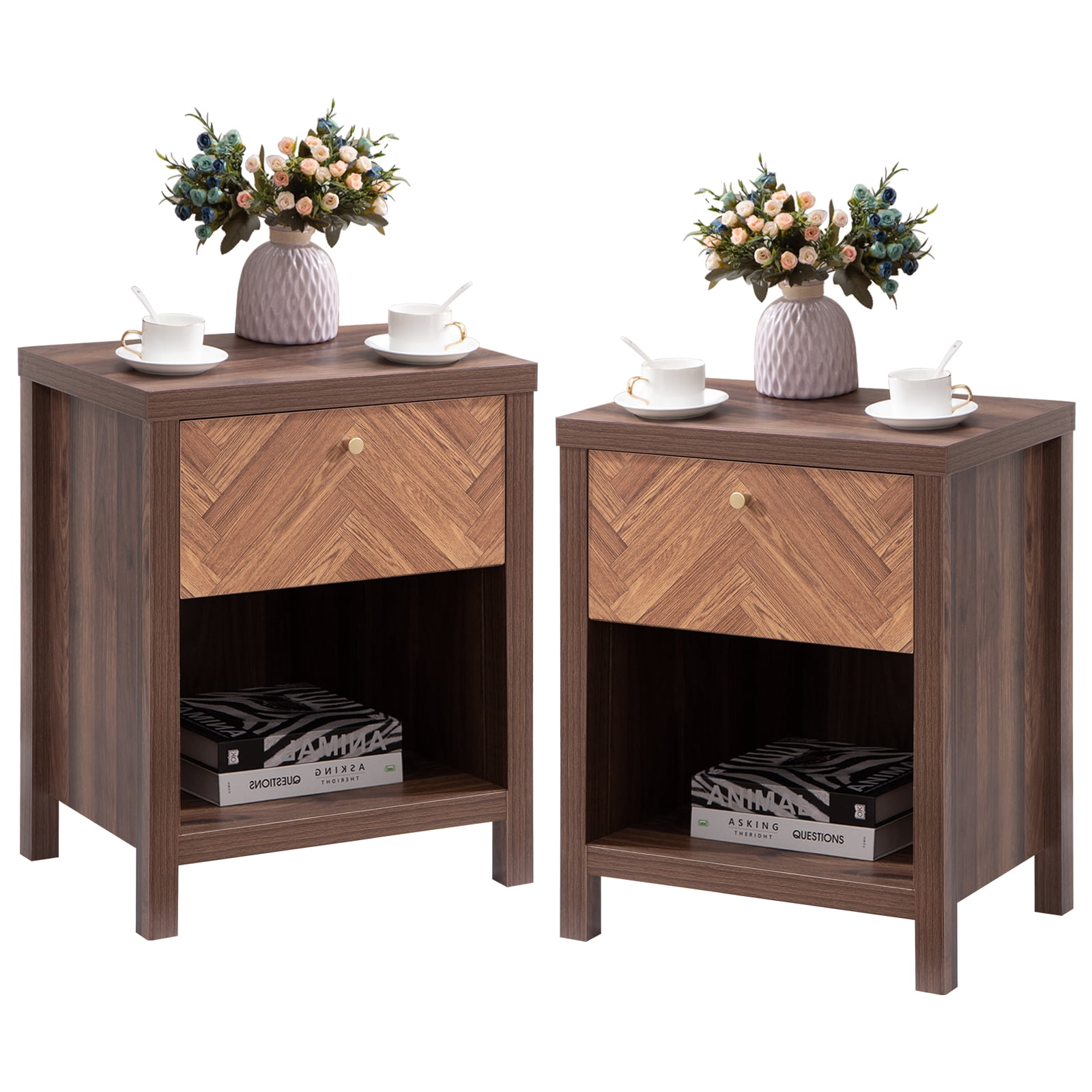 Boowill Farmhouse Nightstands Set of 2, Modern Bedside Table with Drawer and Storage Shelf