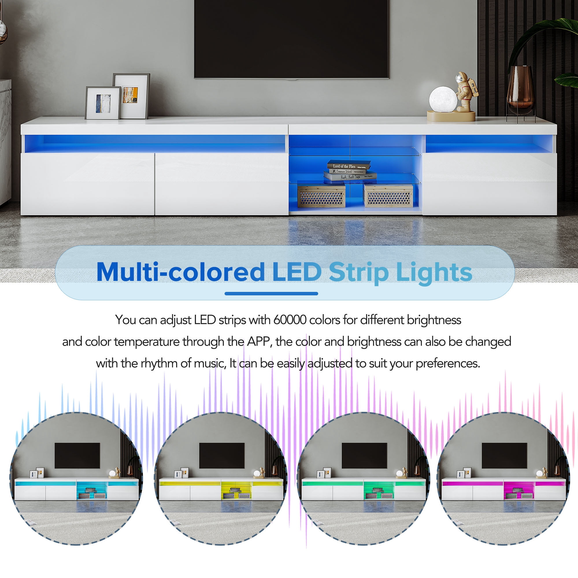 EUROCO 94.5" Longer TV Stand for TVs Up to 100", Versatile Entertainment Center Media Console Table with LED Color Changing Lights 2 Glass Shelves,with Ample Storage Space, White