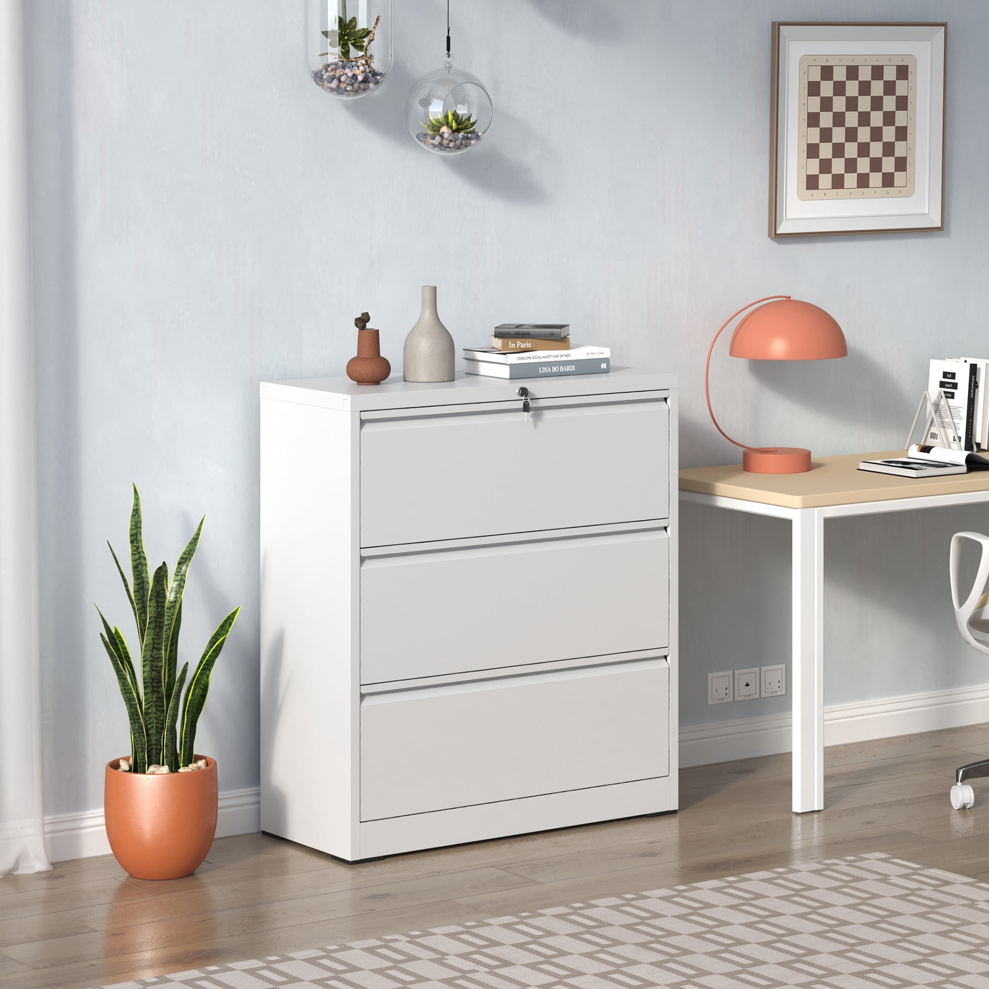 Lateral File Cabinet 3 Drawer, White Filing Cabinet with Lock, Lockable File Cabinet for Home Office, Locking Metal File Cabinet for Legal/Letter/A4/F4 Size