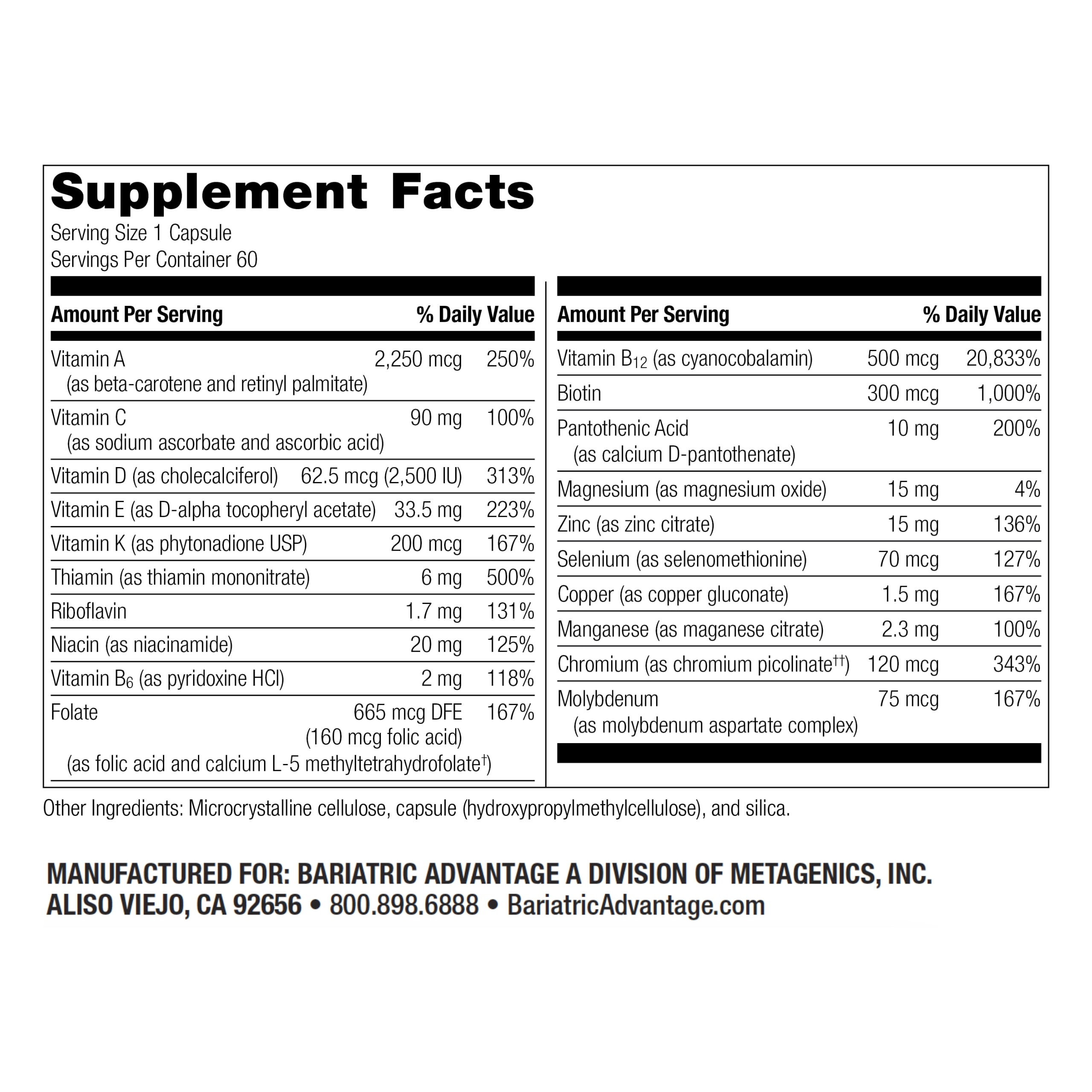 Bariatric Advantage High ADEK Multi - For Bariatric Surgery Patients - Multivitamin with Vitamins A, D, E, K & Trace Minerals - 100%+ DV of ADEK - 60 Capsules