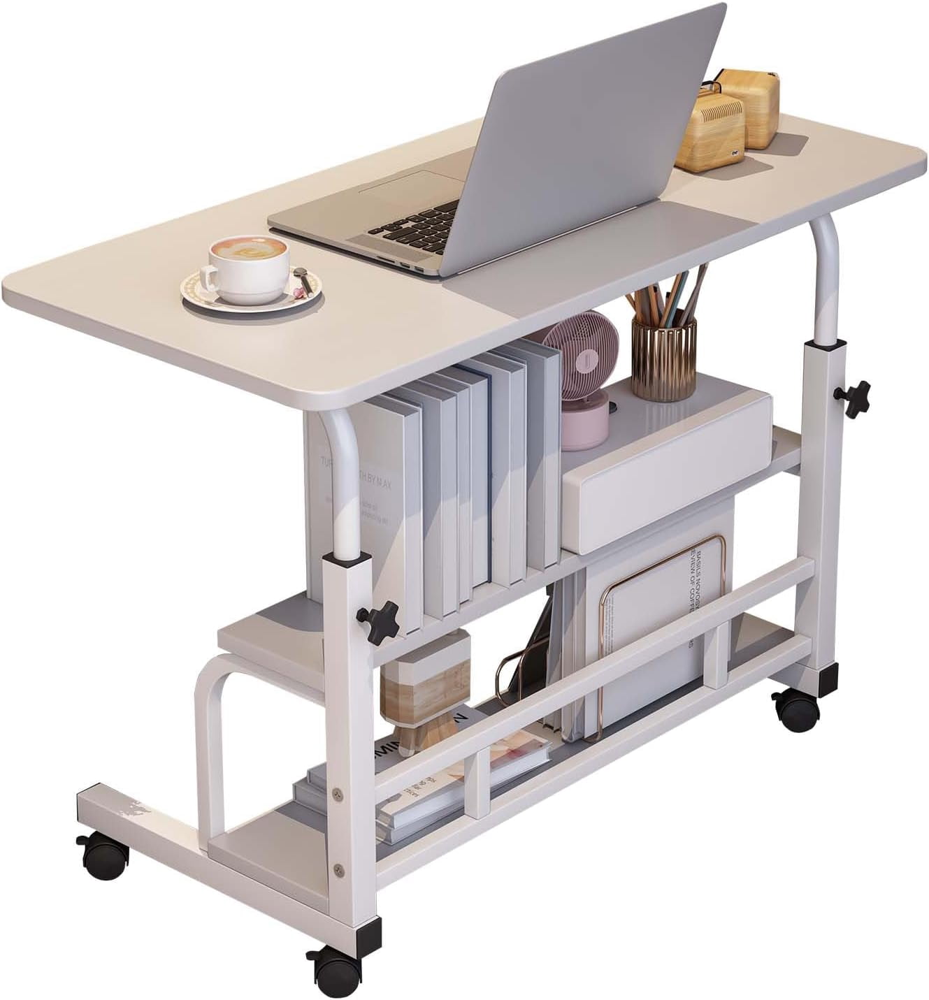 Adjustable Height Mobile Standing Desk – Ergonomic Rolling Computer Table with Storage Shelves – Space-Saving Laptop Desk for Home Office or School – with Wheels, White 80 x 40CM