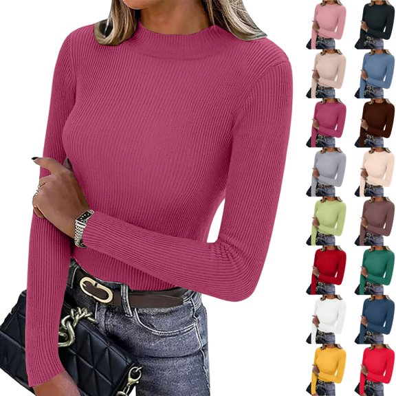Fshiont Y2k Womens Long Sleeve Stretch Mock Neck Ribbed T-Shirt Slim Fit Casual Basic Tops Hot Pink One Size