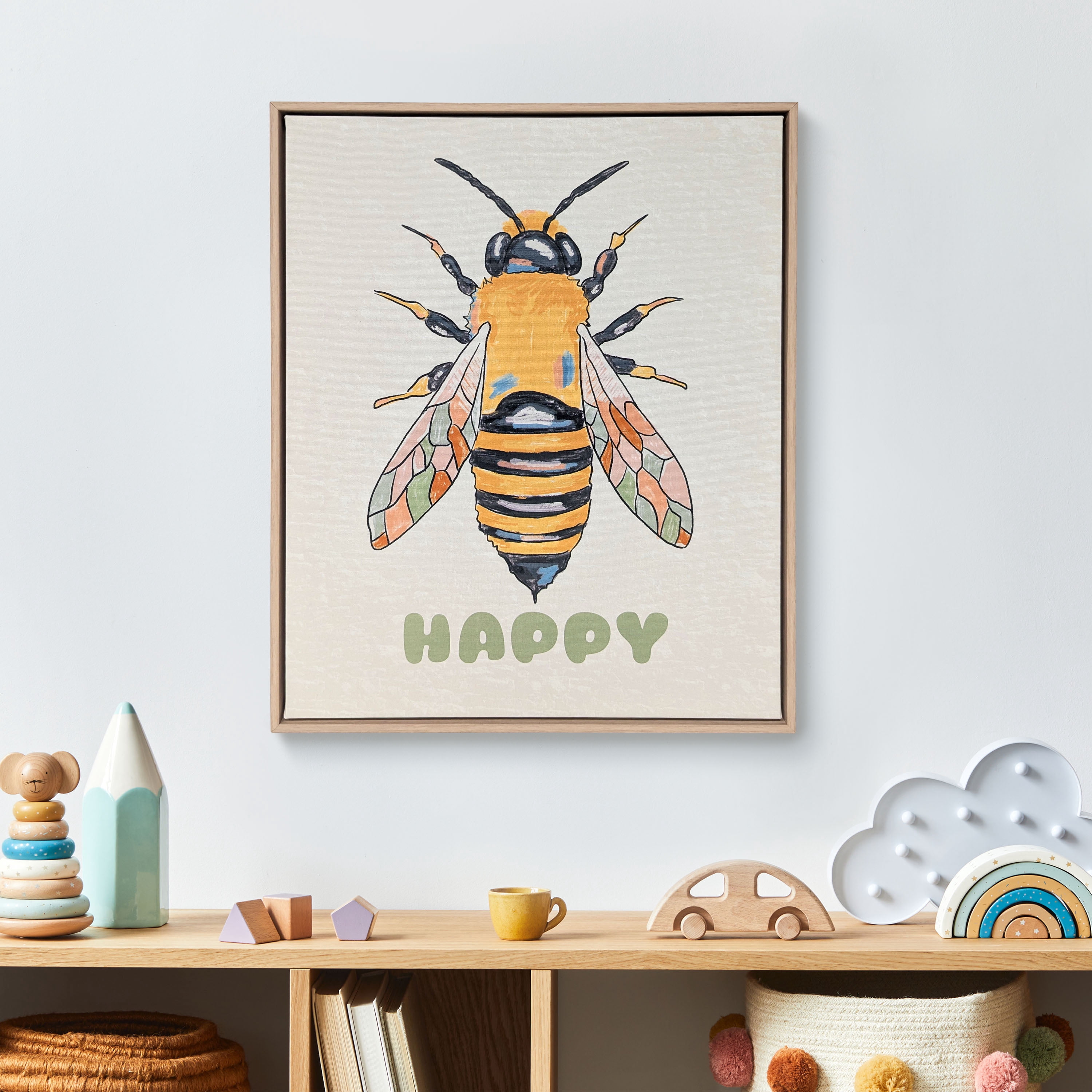 House of Happy 16x20 "Bee Happy" Kids Printed Wall Art on Canvas for Kids Classroom or Kids Room Décor
