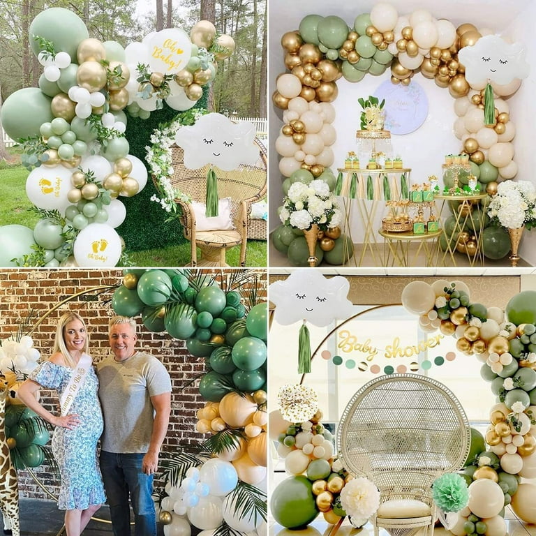 AYUQI Baby Shower Decorations Boy Girls, Sage Green Gold Balloon Arch Kit  with Baby Shower Banner, Green Dots Garland, Cake Topper, Paper Pompom,  Tissue Tassels and Confetti Balloons for Gender Reveal 