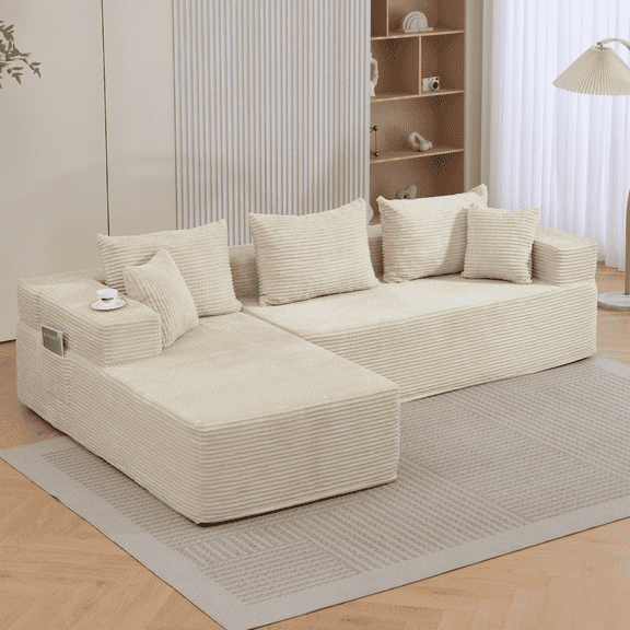 DELMANGO Modular Sectional Sofa with L-Shape Chaise, Corduroy Boneless Couch Set for Living Room, No Assembly Required, Beige