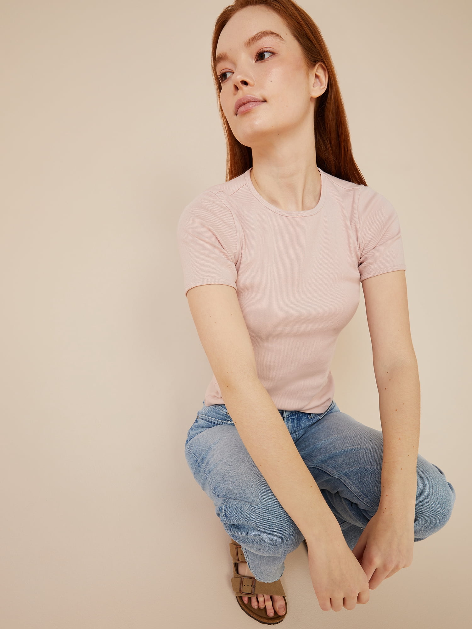 Free Assembly Women's Ribbed Crewneck Tee with Short Sleeves, Sizes XS-XXXL